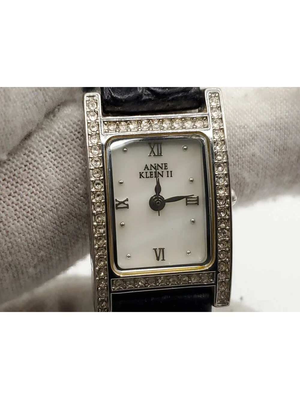 Anne Klein II MOP Dial Rhinestone Bezel Tank Syle Quartz Watch New Battery 16mm